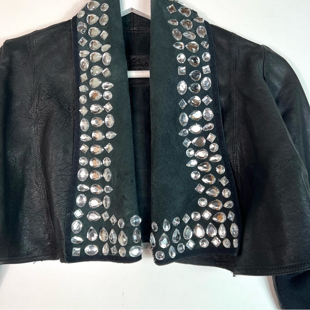 All Saints Spitalfields Cropped Leather Jacket with Rhinestones Black - Picture 3 of 10